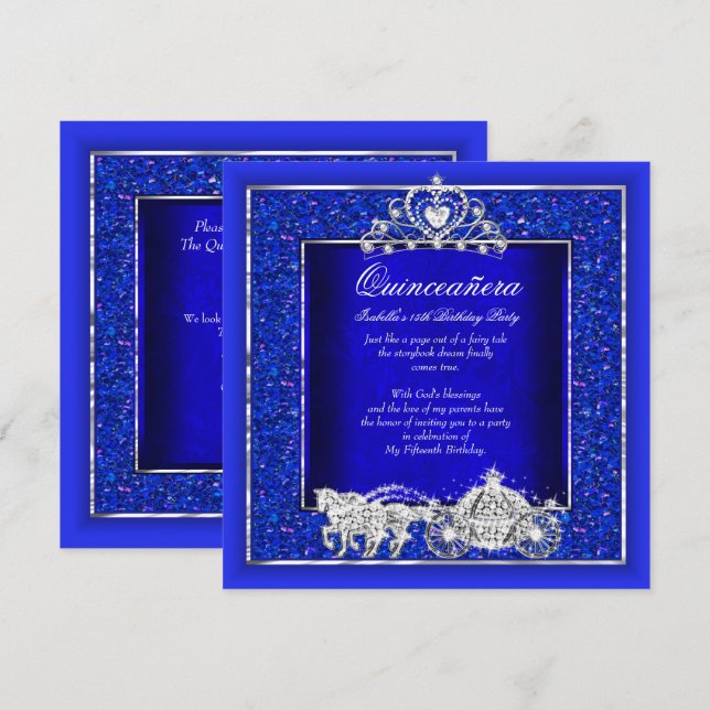 Quinceanera Birthday Horriage Royal Blue Einladung (Vorne/Hinten)