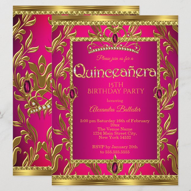 Quinceanera Birthday Hot Pink Jewel Tiara Gold Einladung (Vorne/Hinten)