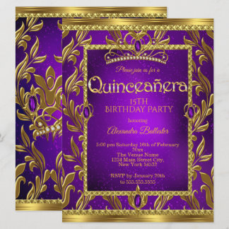 Quinceanera Birthday Lila Blue Tiara Gold Einladung