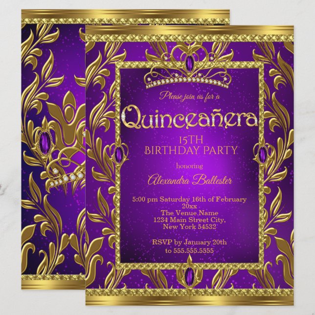 Quinceanera Birthday Lila Blue Tiara Gold Einladung (Vorne/Hinten)