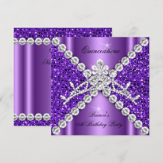 Quinceanera Birthday Lila Glitzer Diamonds Tiara Einladung (Vorne/Hinten)