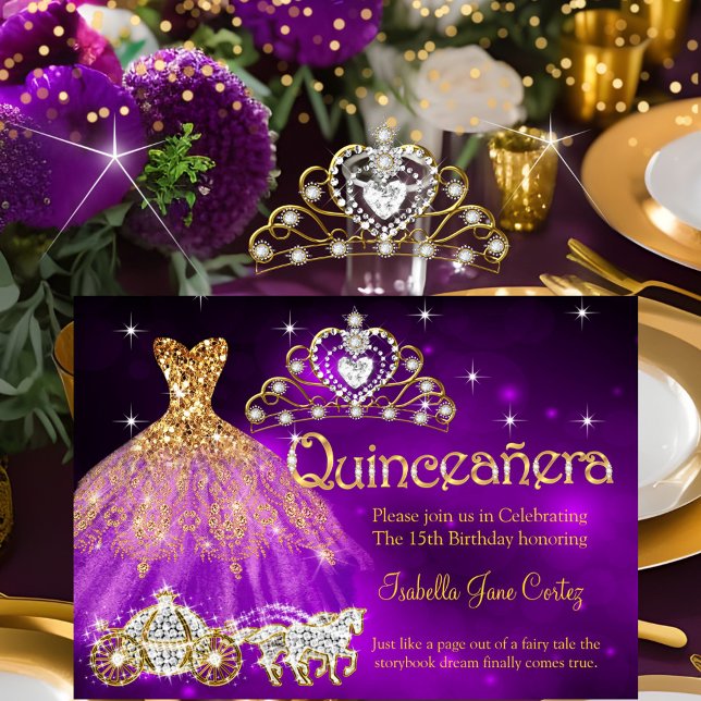 Quinceanera Birthday Lila Kleidung Tiara Carriage Einladung (Von Creator hochgeladen)