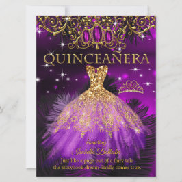 Quinceanera Birthday Lila Magenta Tiara Gold 2 Einladung