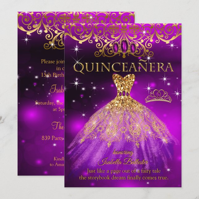 Quinceanera Birthday Lila Magenta Tiara Gold Einladung (Vorne/Hinten)