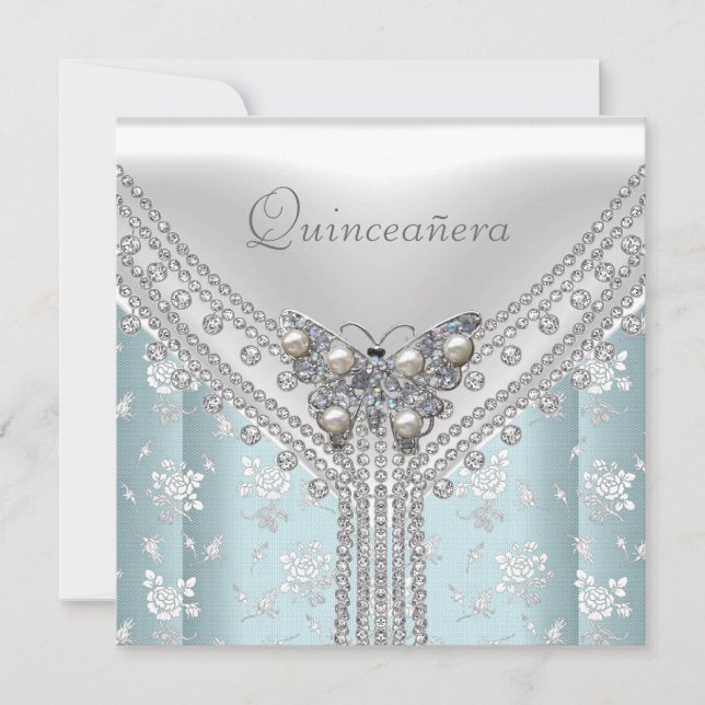 Quinceañera Birthday Party Blue White Butterfly Einladung (Vorderseite)