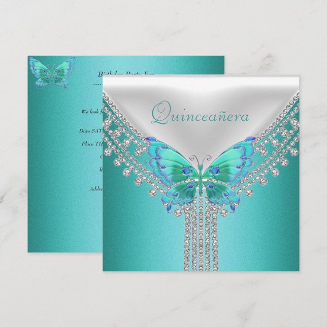 Quinceañera Birthday Party Blue White Butterfly Einladung (Vorne/Hinten)