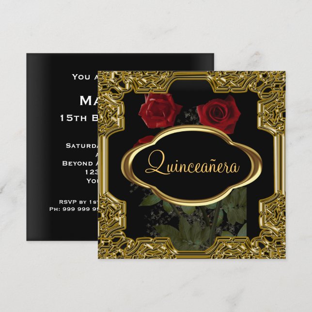 Quinceanera Birthday Party Gold Black Einladung (Vorne/Hinten)