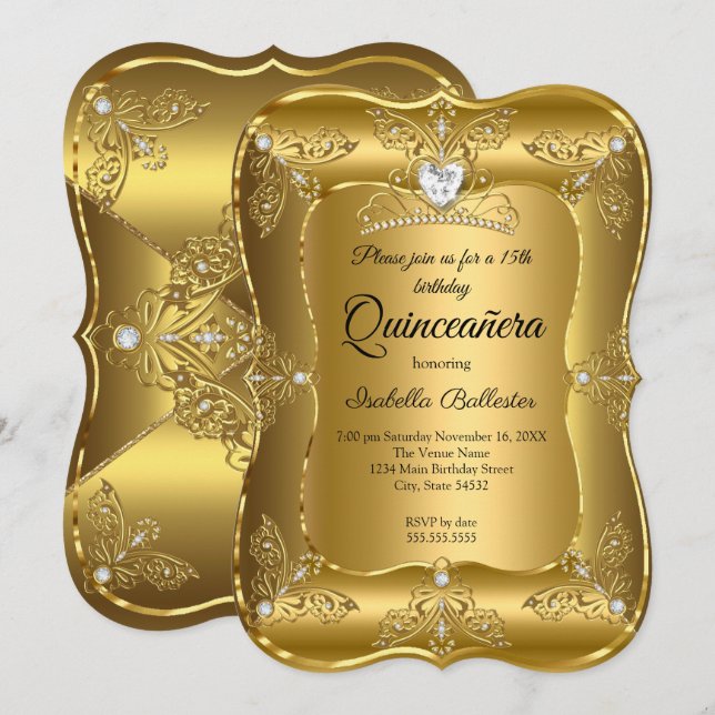 Quinceanera Birthday Party Gold Diamond Tiara Einladung (Vorne/Hinten)