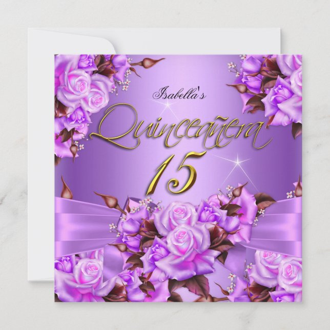 Quinceanera Birthday Party Lila Rosa Rose Bow Einladung (Vorderseite)