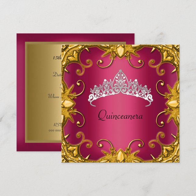Quinceanera Birthday Party Red Gold White Tiara Einladung (Vorne/Hinten)