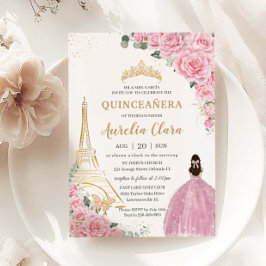Quinceañera Birthday Pink Floral Paris Eiffel Gold Einladung