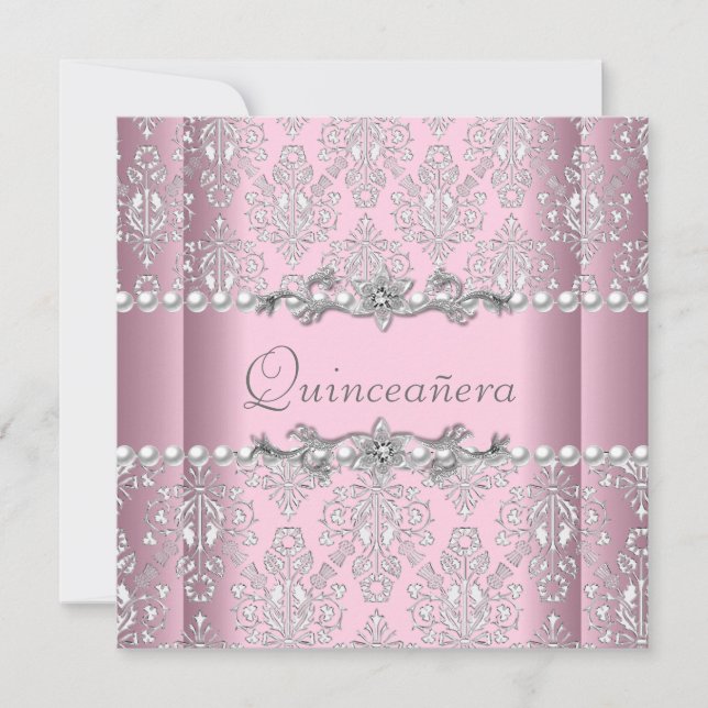 Quinceañera Birthday Pink Silver White Pearl Lace Einladung (Vorderseite)