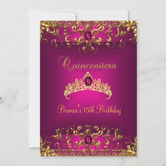 Quinceanera Birthday Pink Tiara Gold Gem Jewel Einladung (Vorderseite)