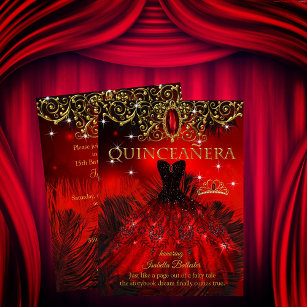 Quinceanera Birthday Red Black Feathers Tiara Gold Einladung