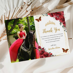 Quinceañera Birthday Red Floral Butterfells Foto Dankeskarte