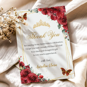 Quinceañera Birthday Red Floral Gold Schmetterling Dankeskarte