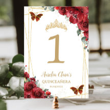 Quinceañera Birthday Red Floral Gold Schmetterling
