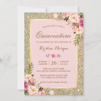 Quinceanera Birthday | Rosa Blumengoldfarben Glitz Einladung