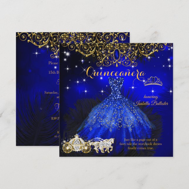 Quinceanera Birthday Royal Blue Fairytale Tiara Einladung (Vorne/Hinten)