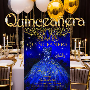 Quinceanera Birthday Royal Blue Feather Tiara Gold Einladung