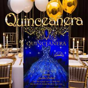 Quinceanera Birthday Royal Blue Feather Tiara Gold Einladung