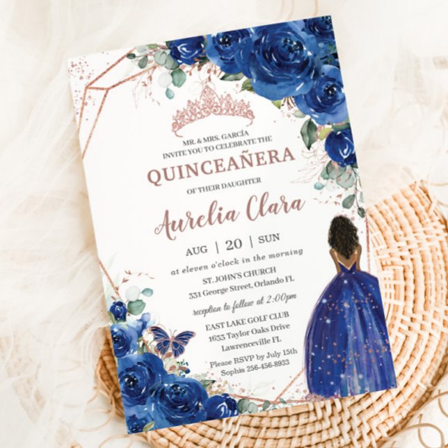 Quinceañera Birthday Royal Blue Floral Brown Girl Einladung (Von Creator hochgeladen)