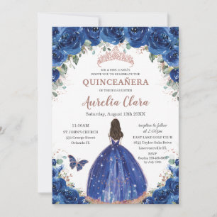 Quinceañera Birthday Royal Blue Floral Princess Einladung