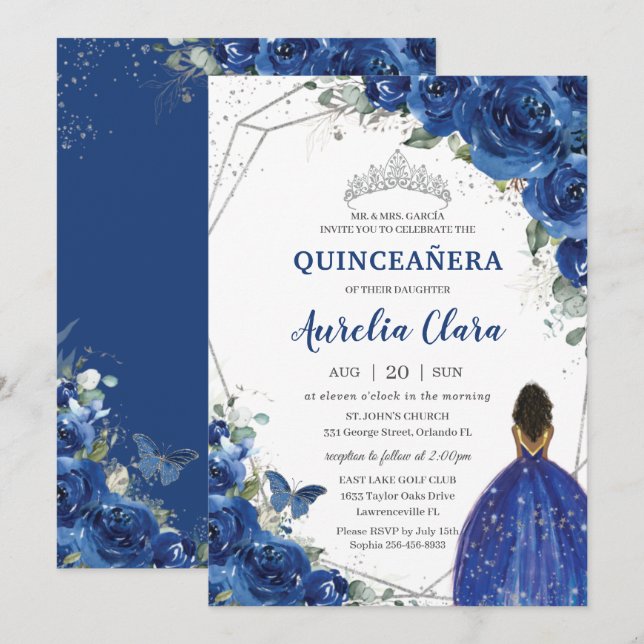 Quinceañera Birthday Royal Blue Floral Princess Einladung (Vorne/Hinten)