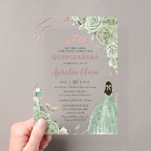 Quinceañera Birthday Sage Green Floral Rose Gold Acryleinladungen