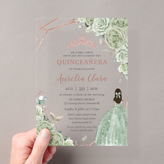 Quinceañera Birthday Sage Green Floral Rose Gold Acryleinladungen (Insitu (Handheld))