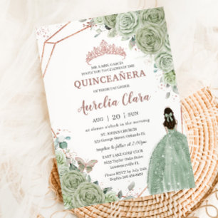Quinceañera Birthday Sage Green Floral Rose Gold Einladung