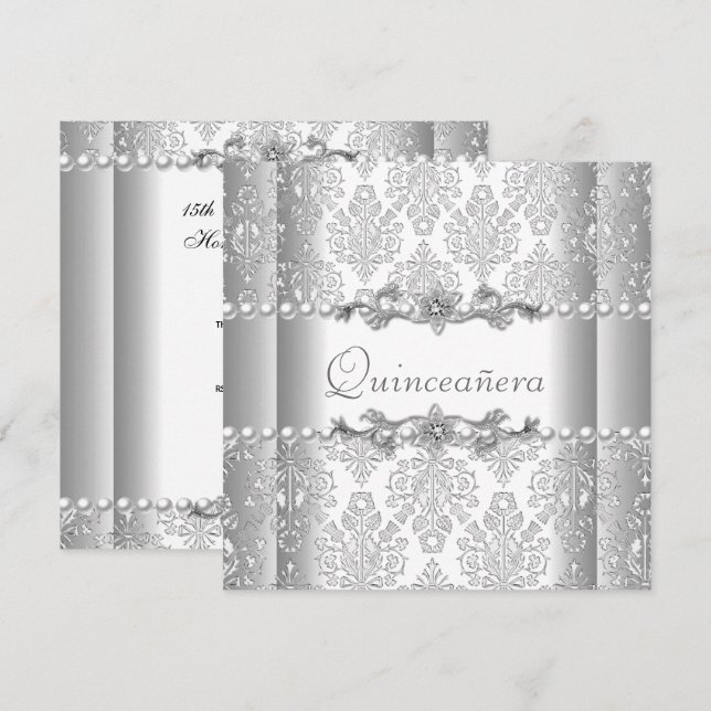 Quinceañera Birthday Silver White Pearl Lace Einladung (Vorne/Hinten)