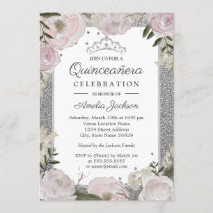 Quinceanera-Birthday-Sparkle-Pink-Silber-Blumen Einladung