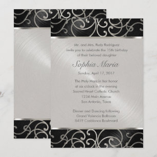 Quinceanera Black and Silver Filigree Wirbel Einladung