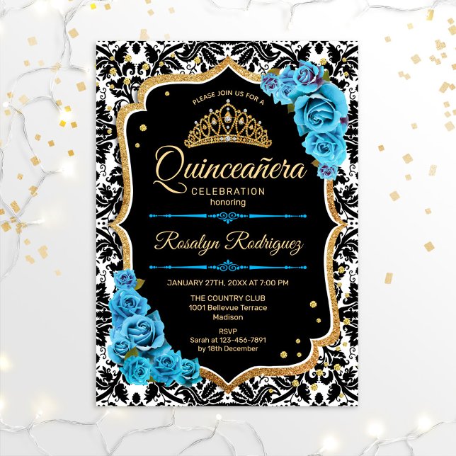 Quinceanera - Black Blue Gold Einladung (Von Creator hochgeladen)