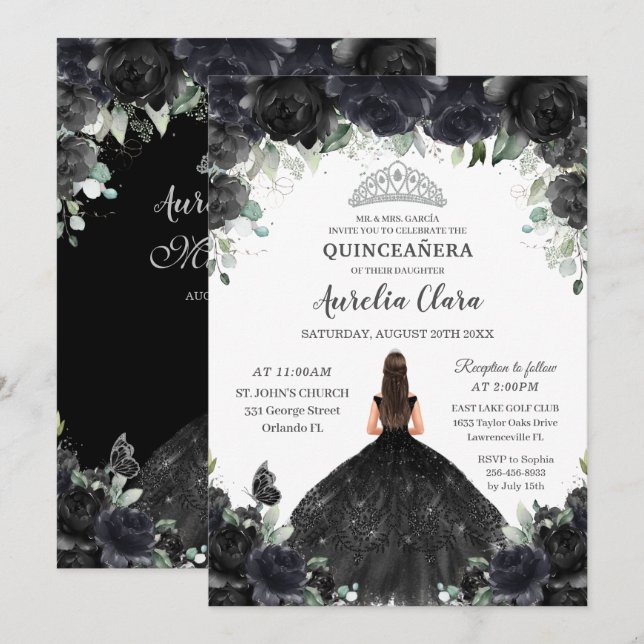 Quinceañera Black Floral Blume Girl Dress Silver Einladung (Vorne/Hinten)