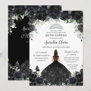 Quinceañera Black Floral Blume Girl Dress Silver Einladung