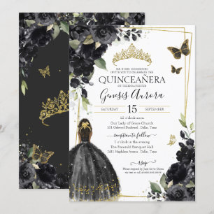 Quinceañera Black Floral Butterfly, Mädchen im Kle Einladung