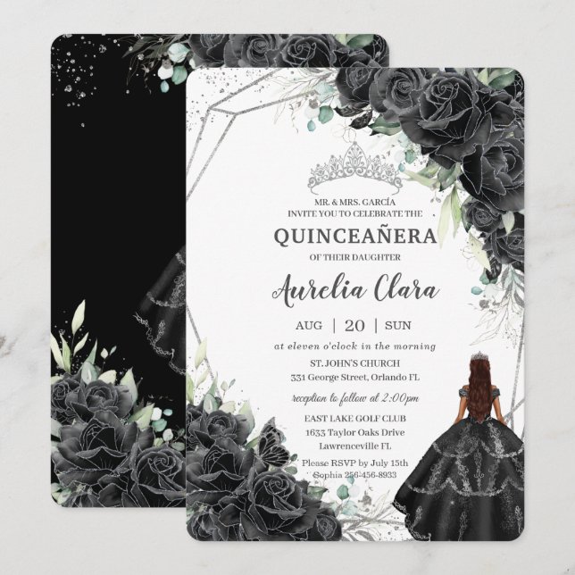 Quinceañera Black Floral Rose Brown Tan Princess Einladung (Vorne/Hinten)