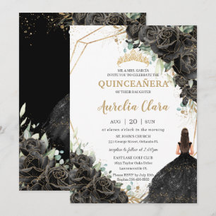 Quinceañera Black Floral Rose Dress Gold Crown Einladung