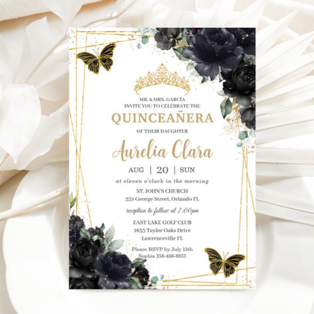 Quinceañera Black Floral Rose Schmetterlinge Gold Einladung (Von Creator hochgeladen)