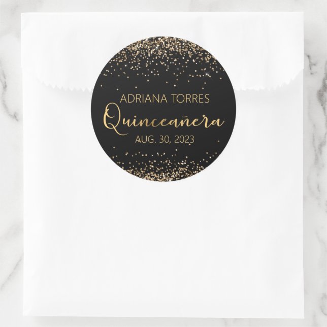 Quinceanera Black Gold Foto Gefallen Round Sticker (Tasche)
