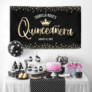 Quinceañera Black Gold Glitzer Foil Crown Willkomm Banner