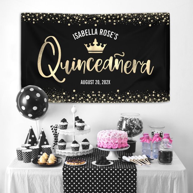Quinceañera Black Gold Glitzer Foil Crown Willkomm Banner (Von Creator hochgeladen)