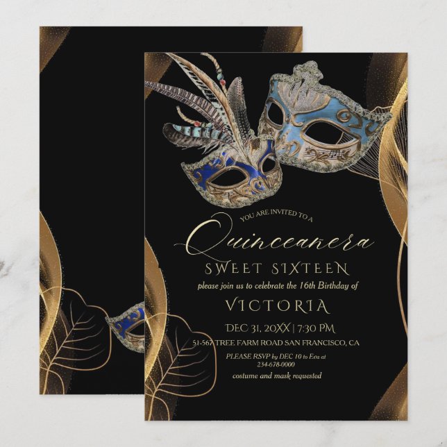Quinceañera Black Gold Masquera Geburtstagsparty Einladung (Vorne/Hinten)