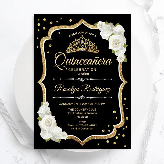 Quinceanera - Black Gold White Einladung (Von Creator hochgeladen)