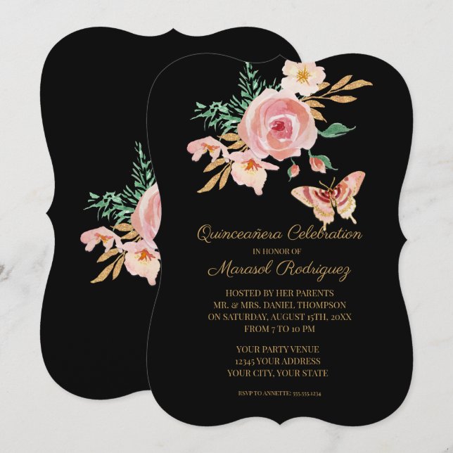 Quinceañera Black in Blush Butterfly mit Blume Gol Einladung (Vorne/Hinten)