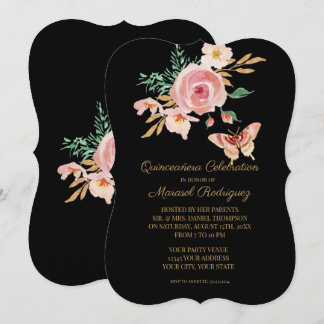 Quinceañera Black in Blush Butterfly mit Blume Gol Einladung