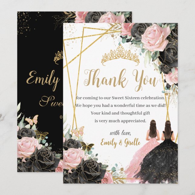 Quinceanera Black Pink Floral Twins Prinzessinnen Dankeskarte (Vorne/Hinten)
