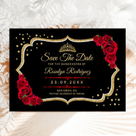 Quinceanera Black Red Gold Floral Save The Date